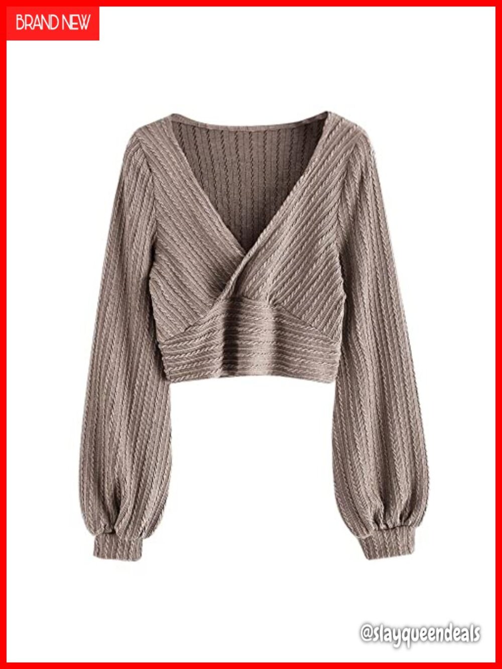 Ribbed Cropped Cable Knit V-Neck Long Sleeve Pullover Top